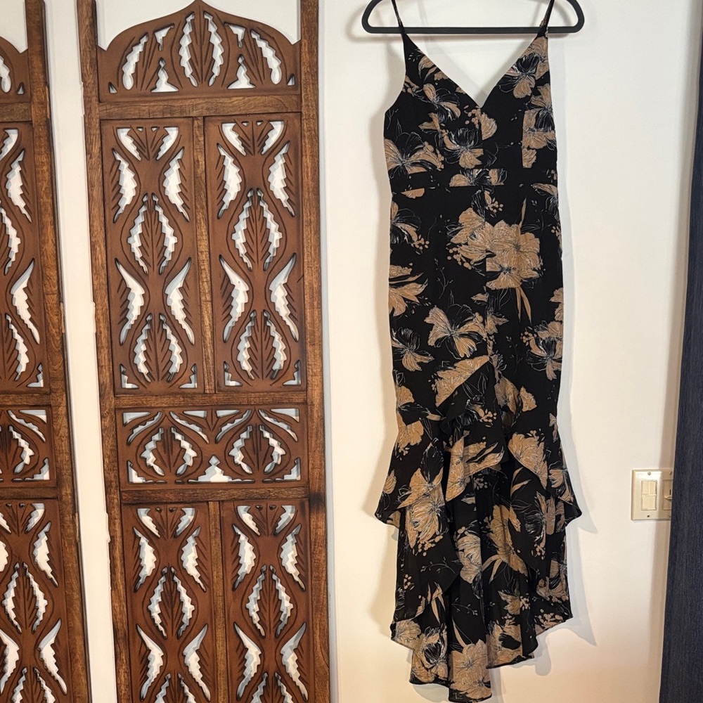 Lulu's Black and Gold Fit and Flare High Low Dress